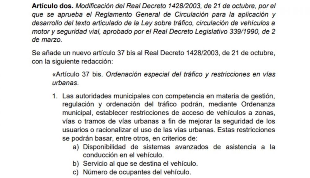 Nuevo artículo 37 bis planteado por el Gobierno para modificar el Real Decreto que regula las Zonas de Bajas Emisiones Nuevo artículo 37 bis planteado por el Gobierno para modificar el Real Decreto que regula las Zonas de Bajas Emisiones