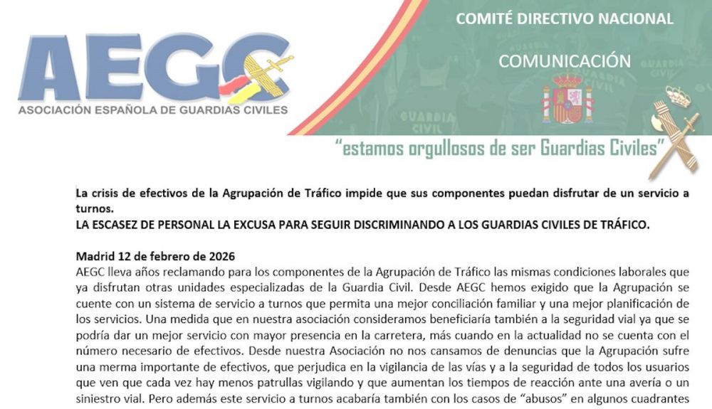 Extracto del comunicado oficial enviado a los medios por la AEGC, la Asociación Española de Guardias Civiles
