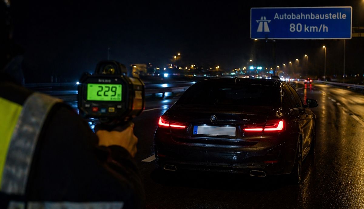 A 229 kmh en una zona de obras y por la noche, cazado un conductor con multa y fianza de 1.000 € Foto generada por IA.