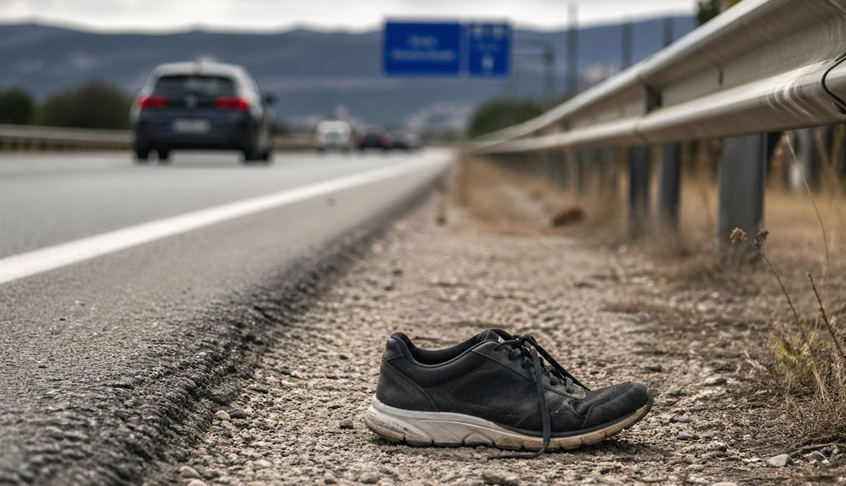 Quién pierde los zapatos en las carreteras, el fenómeno del calzado abandonado en los arcenes. Foto generada por IA.