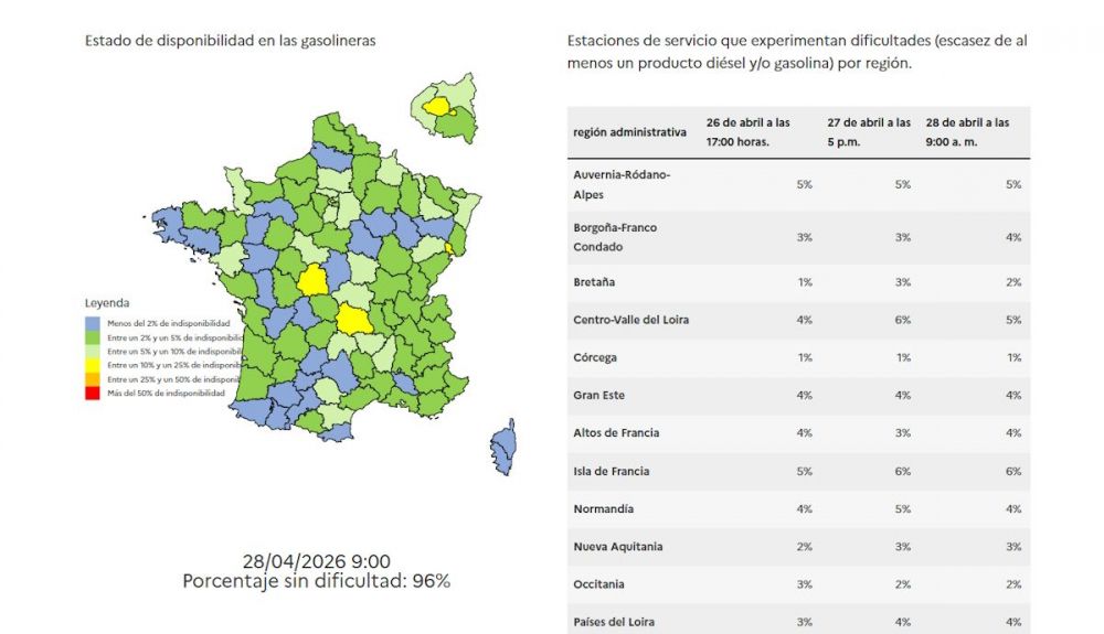 Mapa con la disponibilidad de combustible que elabora y actualiza a diario ya el Gobierno de Francia