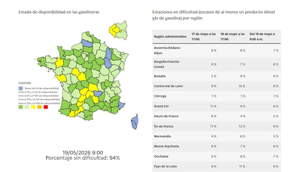 Mapa del Gobierno francés con la escasez real de combustible en las gasolineras del país