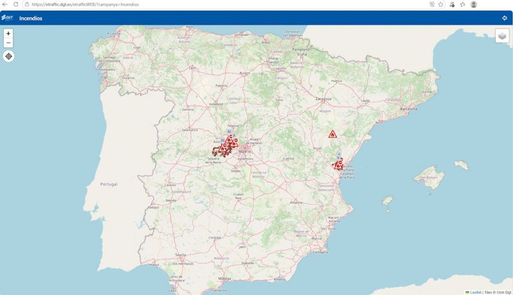 Mapa oficial de la DGT con las carreteras cortadas debido a incendios activos en España