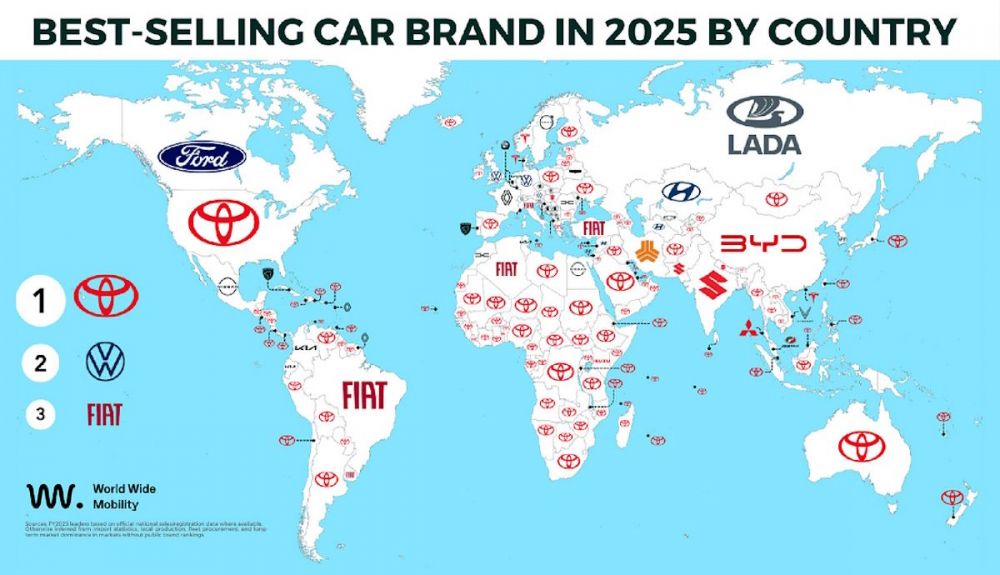 Mapa del mundo con la marca de coches más vendida en cada mercado. Fuente World Wide Mobility.