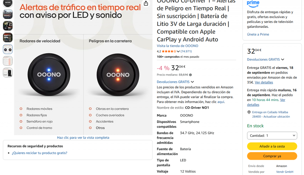 Venta del Ooono Co-Driver No. 1 en Amazon