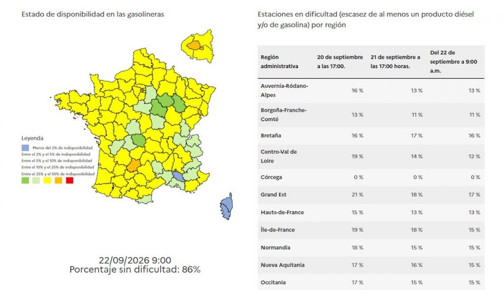 Mapa oficial del Gobierno de Francia con las gasolineras del país que tienen ya problemas de abastecimiento de combustibles