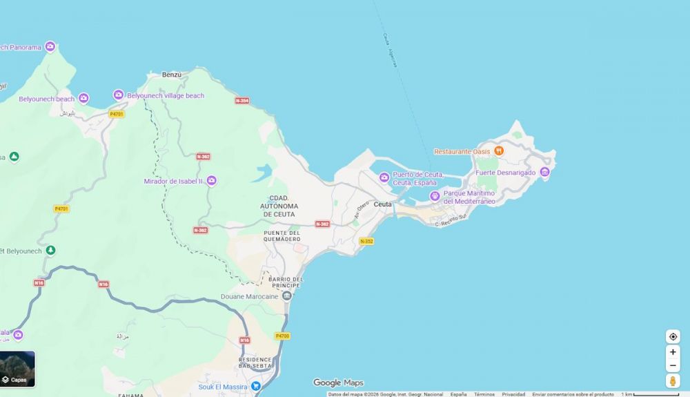 Representación en Google Maps de la frontera entre Ceuta y Marruecos