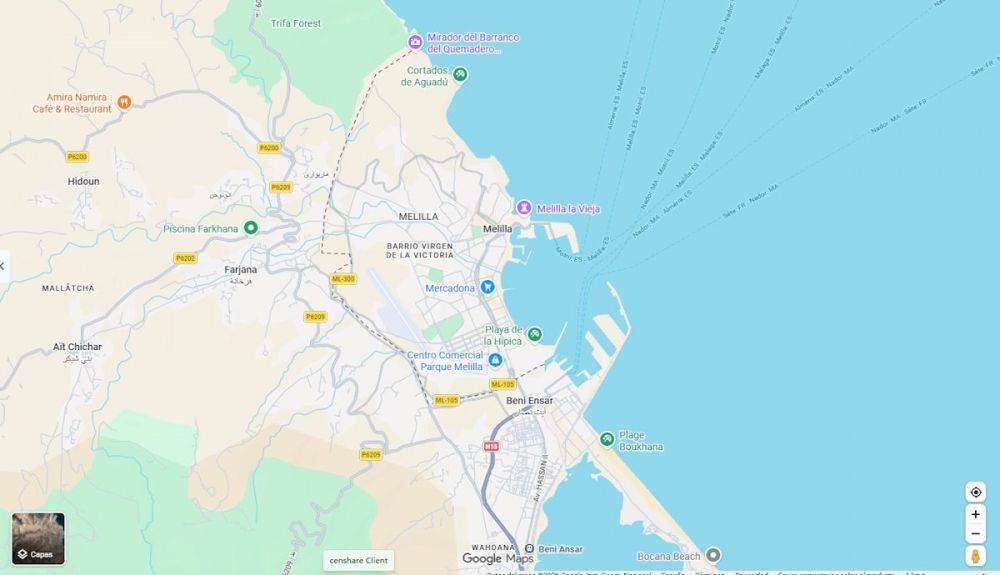 Representación en Google Maps de la frontera entre Melilla y Marruecos