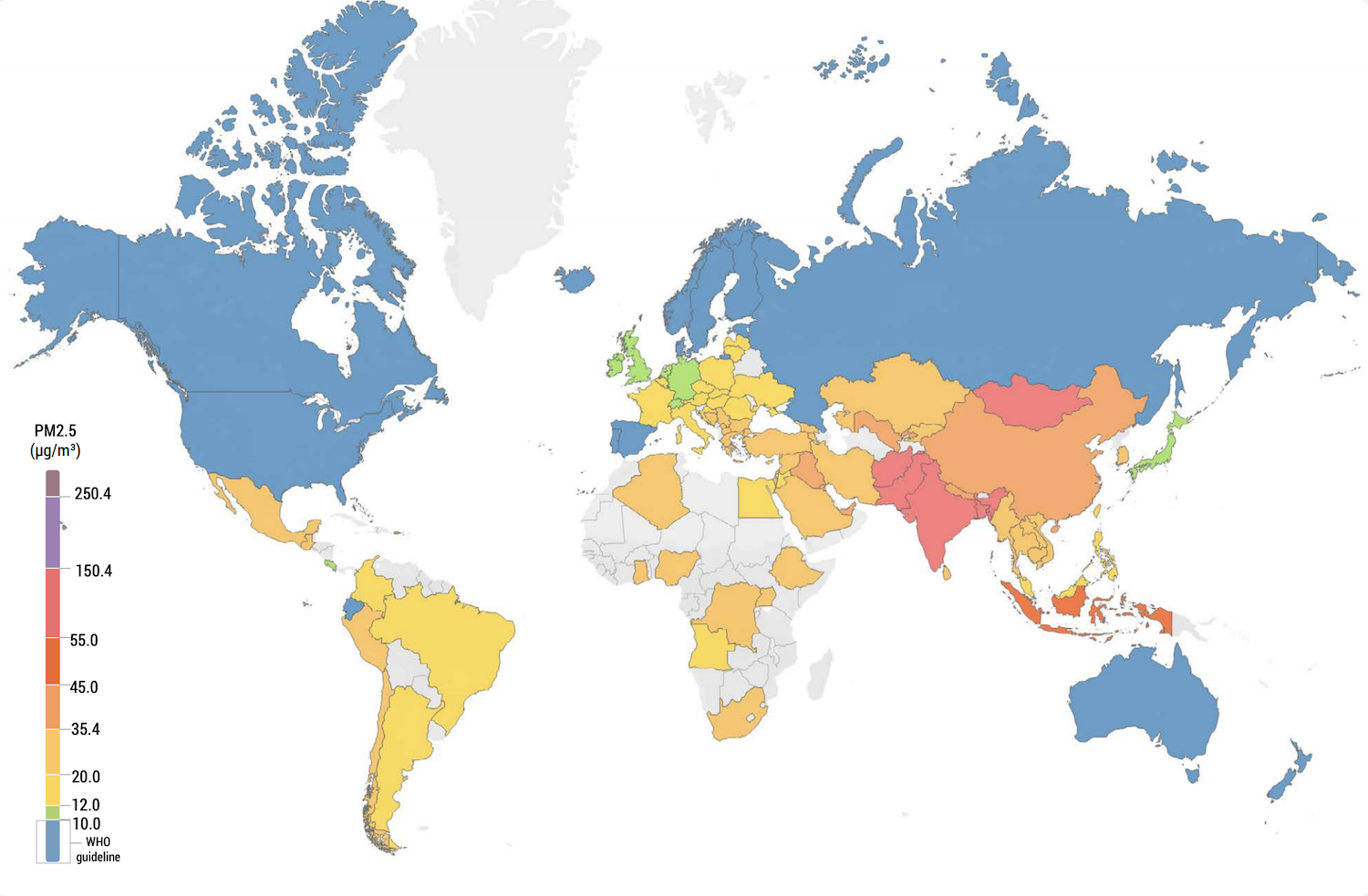 Mapa mundial de contaminación estimada en 2019.