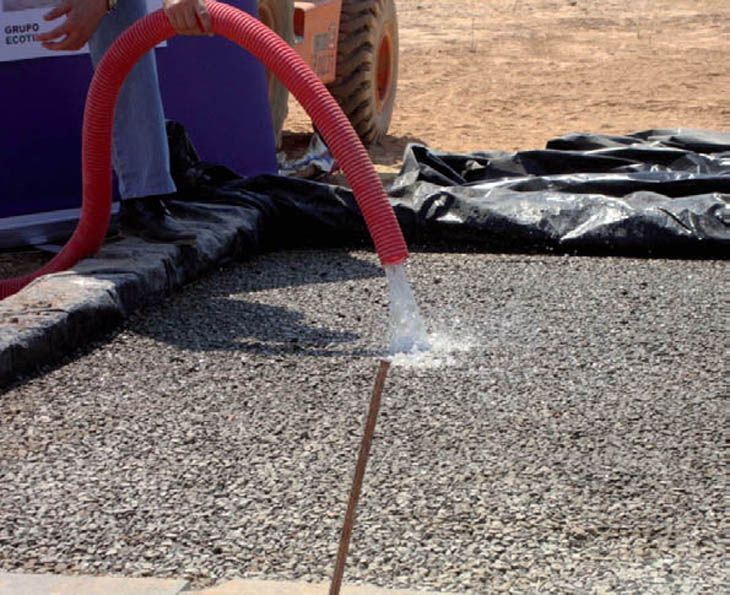 El agua se filtra completamente en el asfalto de Ecocreto, eminando charcos y riesgo de Aquaplaning.