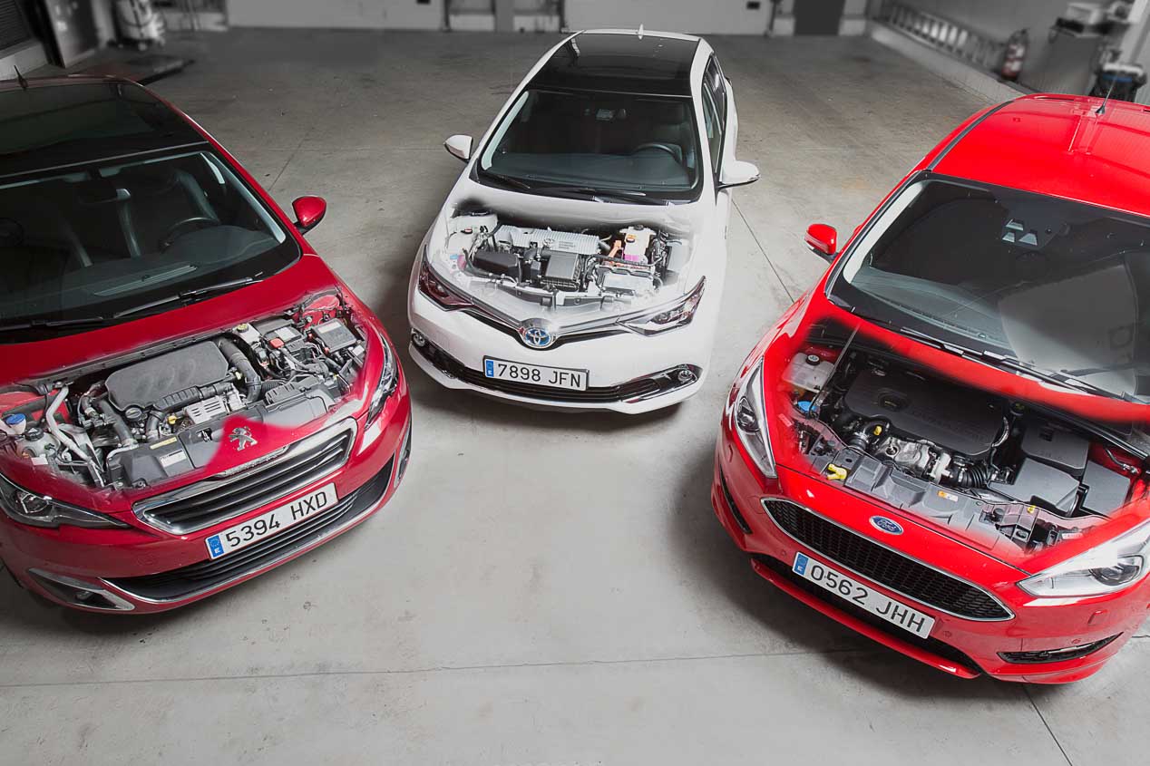 Ford Focus 1.5 TDCi/120, Peugeot 308 1.2 Pure Tech/130 y Toyota Auris Hybrid, ¿gasolina, Diésel o híbrido?