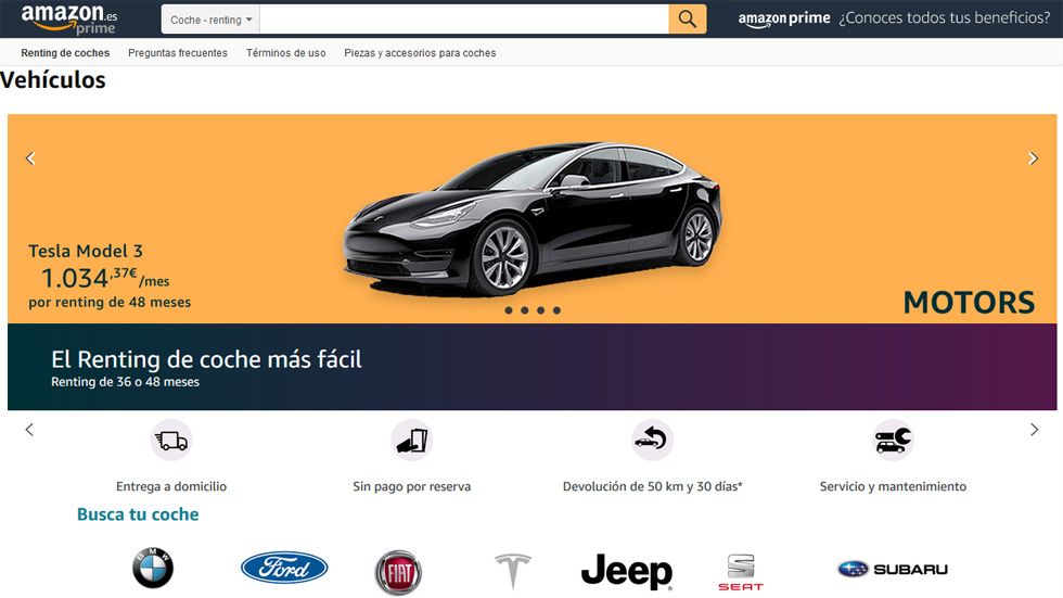 Amazon Motors: la compañía lanza un renting de coches con Tesla, Ford, Seat, Fiat, BMW…
