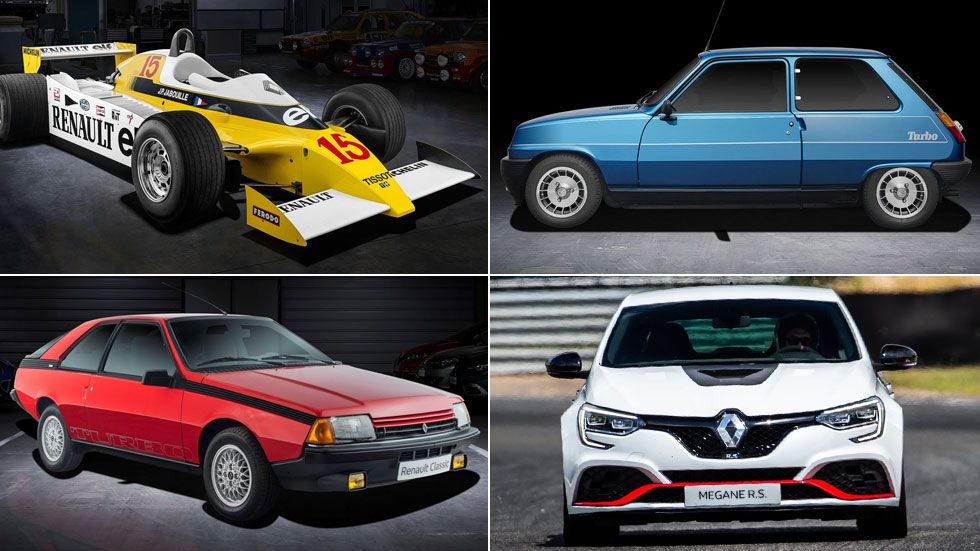 De izquierda a derecha y arriba a abajo: Renault RS 10 de F1, Renault 5 Turbo, Renault Fuego Turbo y Renault Mégane R.S. Trophy R 2019