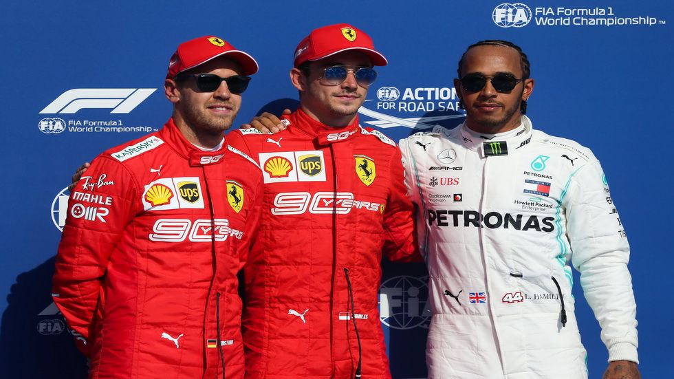 Los tres primeros pilotos de la parrilla: Leclerc, Vettel y Bottas