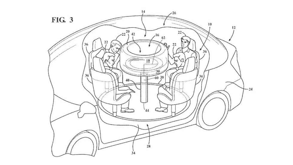 Ford patenta una mesa retráctil con airbags para el coche autónomo