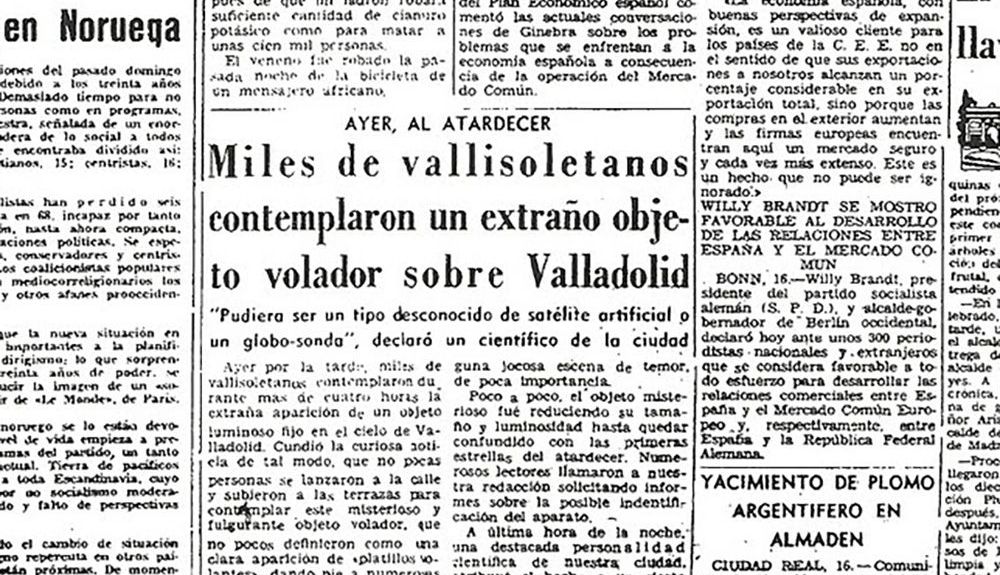 El avistamiento del ovni sobre Valladolid fue recogido por el diario El Norte de Castilla. El avistamiento del ovni sobre Valladolid fue recogido por el diario El Norte de Castilla.