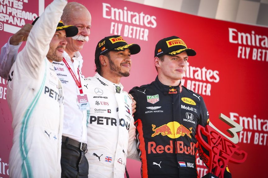 Podio del GP España de 2019 con Hamilton, Bottas y Verstappen