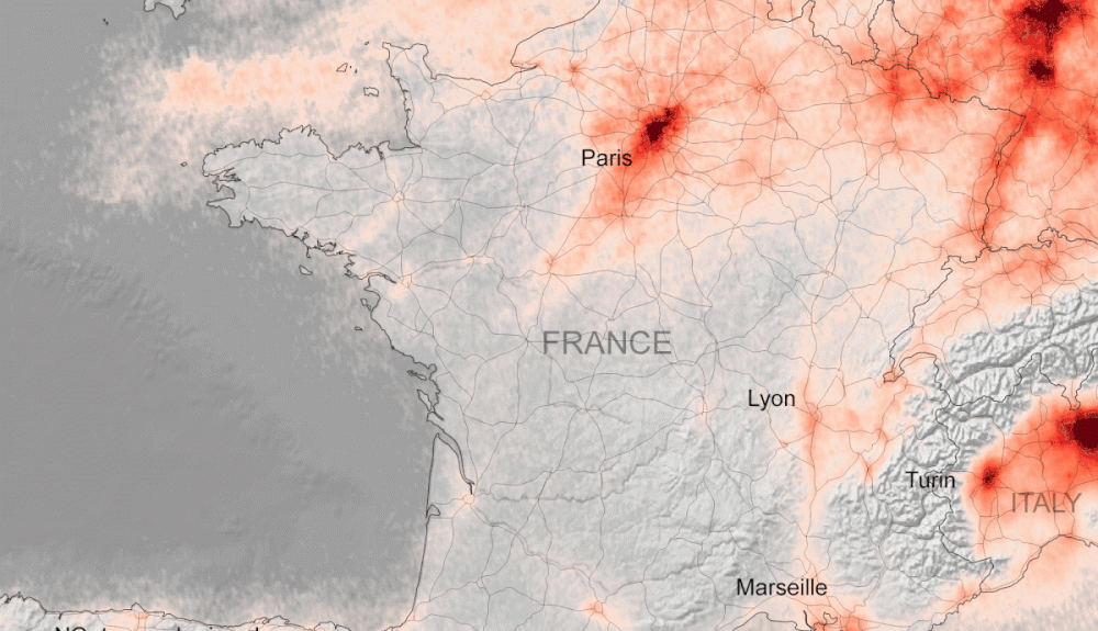 Concentraciones de dióxido de nitrógeno sobre Francia. © ESA Concentraciones de dióxido de nitrógeno sobre Francia. © ESA