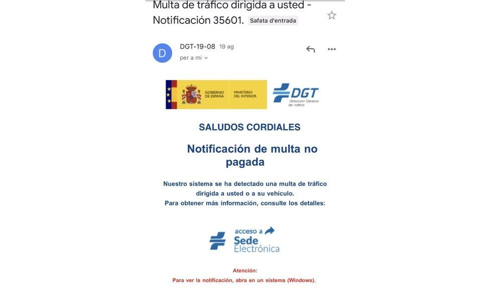 Cuarto ejemplo de notificación falsa que denuncia la DGT