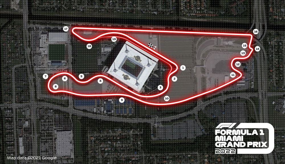 Mapa del circuito de Miami donde se disputará un GP de F1 en 2022