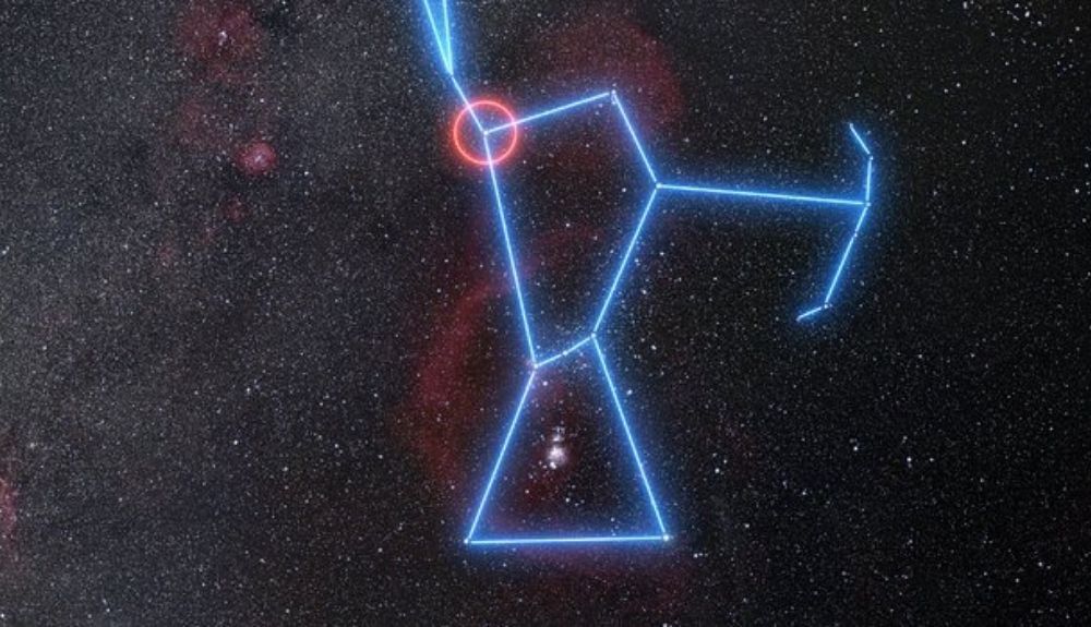 Esta imagen muestra la ubicación de la estrella supergigante roja Betelgeuse, en la constelación de Orión (el Cazador). Esta imagen muestra la ubicación de la estrella supergigante roja Betelgeuse, en la constelación de Orión (el Cazador).