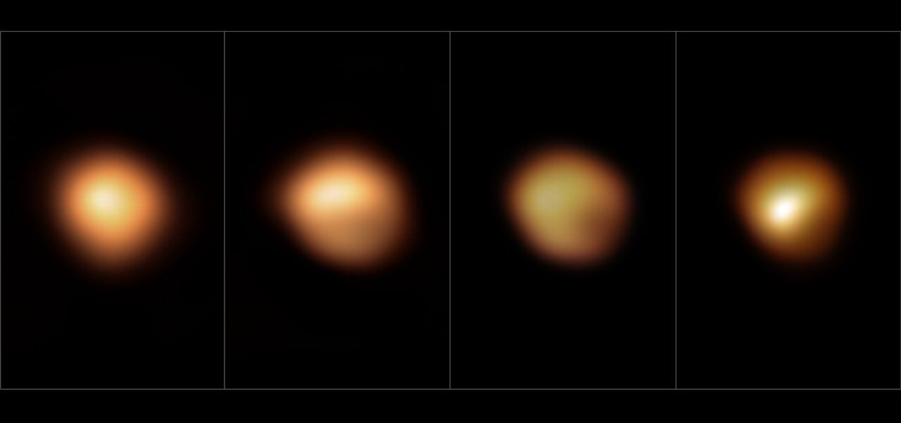 Estas imágenes muestran la superficie de la estrella supergigante roja Betelgeuse durante una atenuación sin precedentes que tuvo lugar a finales de 2019 y principios de 2020. Foto: ESO.