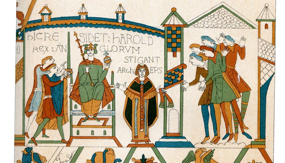 Grabado de época que muestra un detalle del tapiz de Bayeux, que muestra la coronación del rey Harold