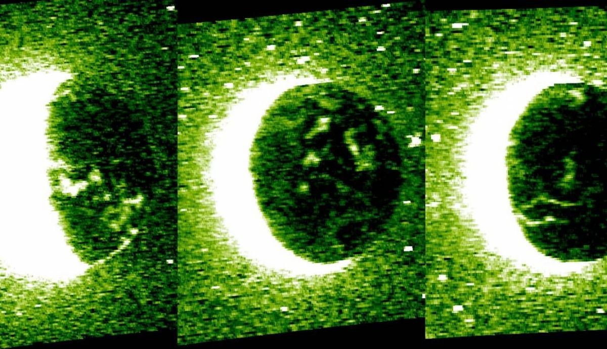 En el lado nocturno de Marte se observan las auroras discretas de Marte captadas en longitud de onda ultravioleta por la sonda Hope.  Emirates Mars Mission.