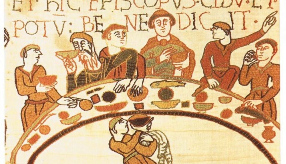 Una escena de fiesta del tapiz de Bayeux. (2)