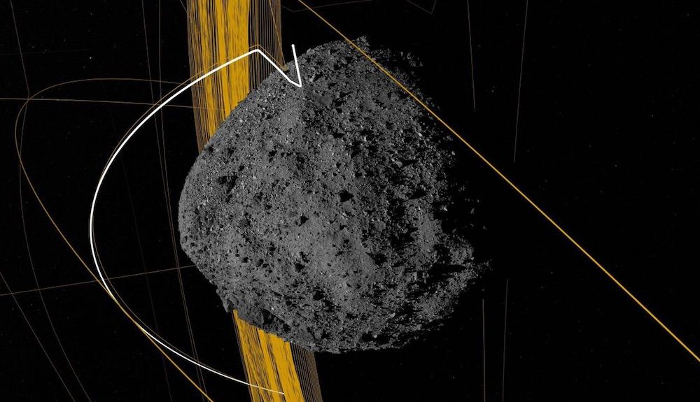 Imagen computarizada cedida por el Centro de vuelo espacial Goddard de la NASA que muestra la simulación de trayectoria del asteroide Bennu. / EFE/Centro De Vuelo Espacial Goddard de la NASA