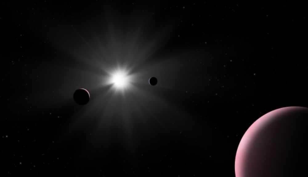 Impresión artística del sistema planetario Nu2 Lup. Impresión artística del sistema planetario Nu2 Lup.