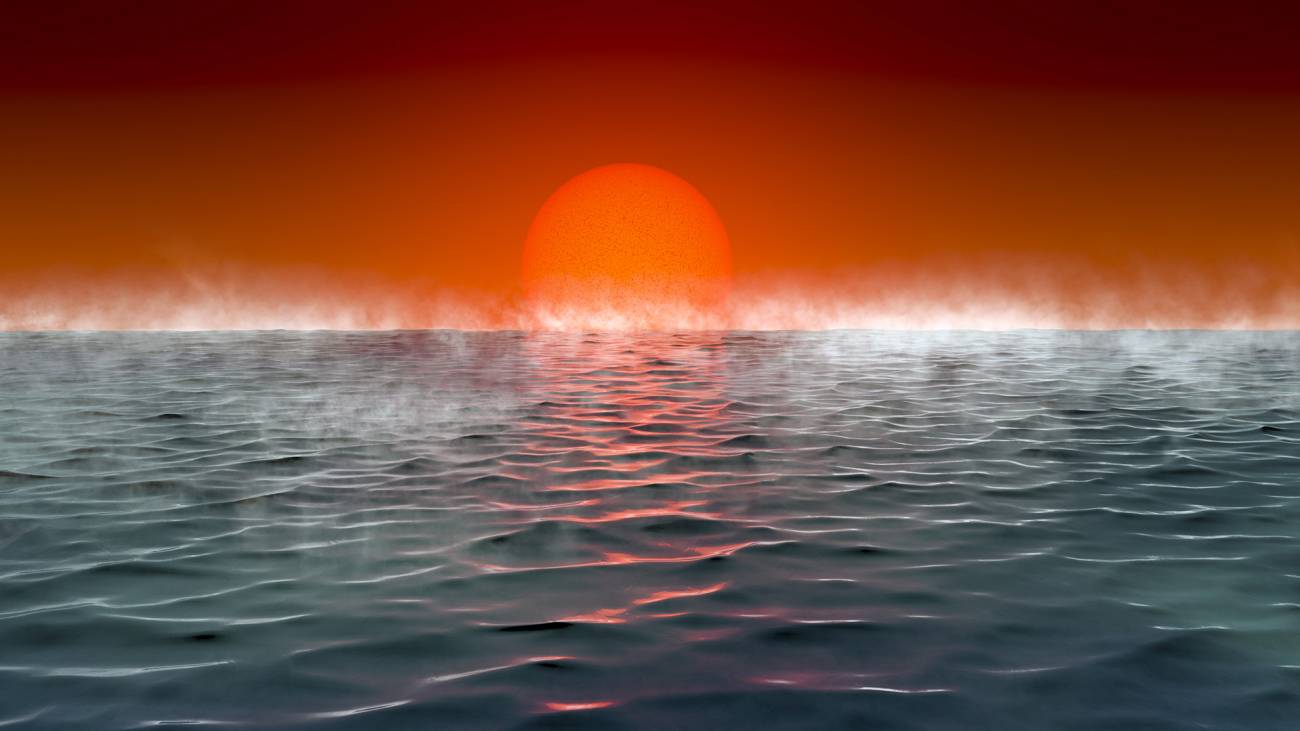 Ilustración de un mundo "hiceánico", un planeta potencialmente habitable, caliente, cubierto de océanos y con atmósferas ricas en hidrógeno. Imagen: Sinc.