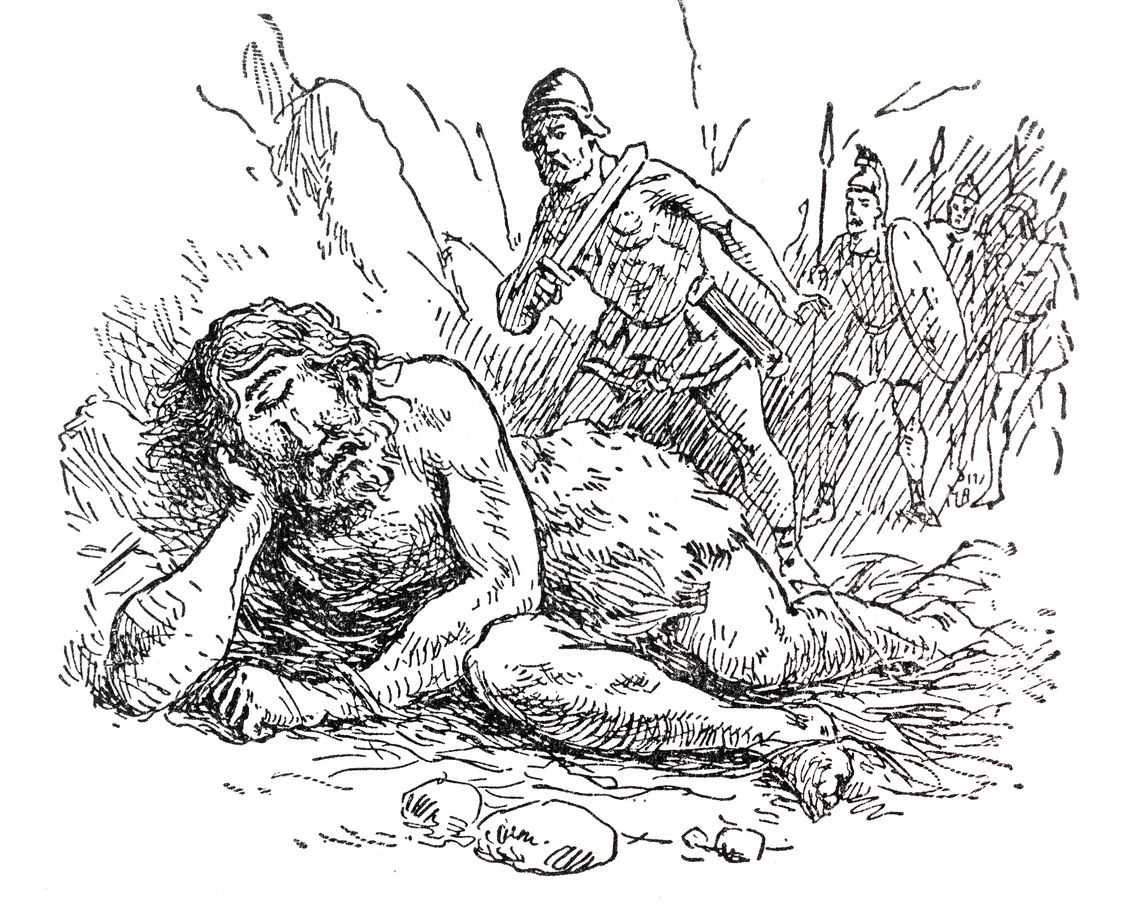 Unos de los monstruos mitológicos más conocidos son los cíclopes. En la ilustración, Odiseo entrando en la cueva de los Cíclopes dormidos. Imagen: IStock.