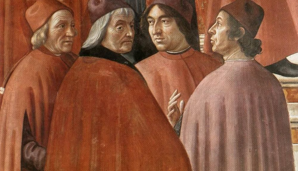 La anunciación del ángel a Zaccharia 1486 1490. Marsilio Ficino (izquierda), Cristoforo Landino (centro), Angelo Poliziano (tercero) y Demetrius Chalcondyles (extremo derecho) La anunciación del ángel a Zaccharia 1486 1490. Marsilio Ficino (izquierda), Cristoforo Landino (centro), Angelo Poliziano (tercero) y Demetrius Chalcondyles (extremo derecho)
