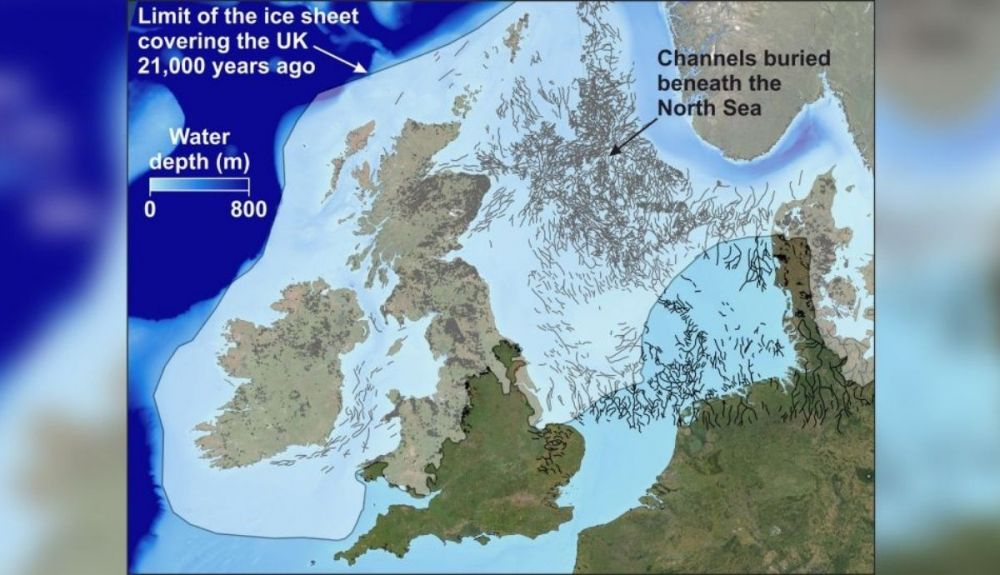 Un mapa del Mar del Norte, que muestra la distribución de los canales enterrados.