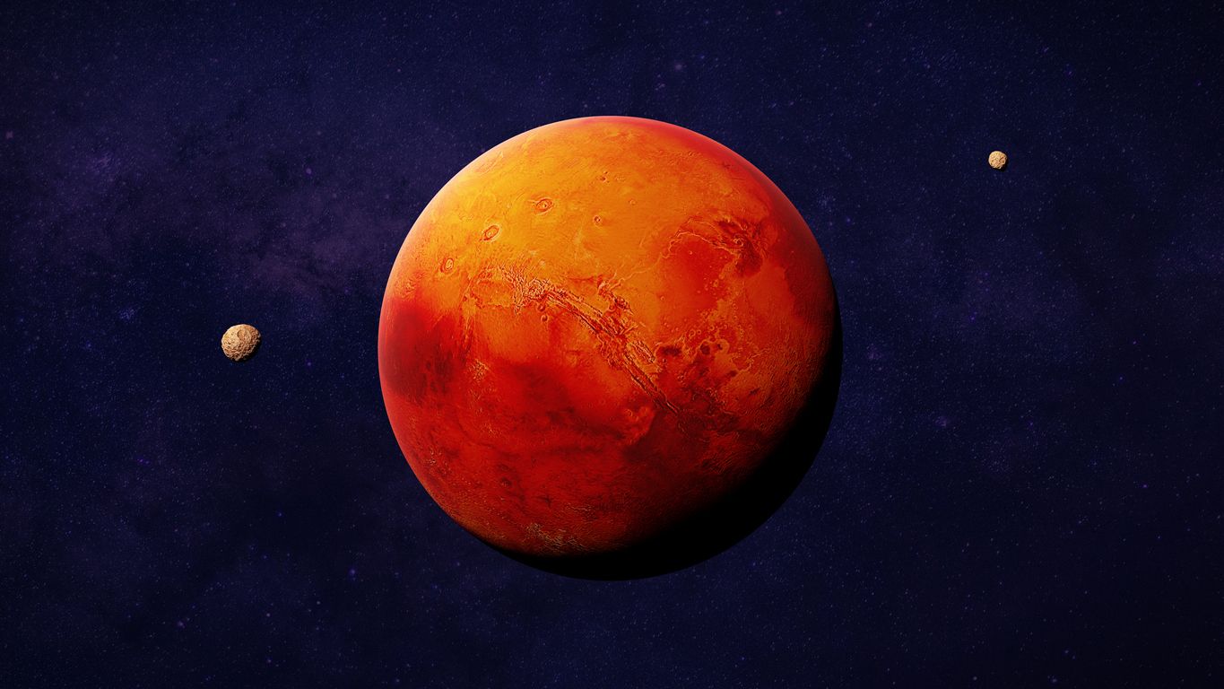 Ilustración, donde aparecen los dos satélites de Marte: Fobos y Deimos. Foto: IStock.