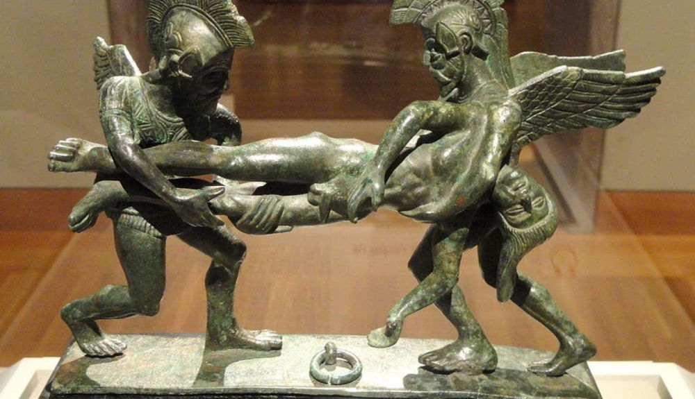 Sueño y muerte llevándose al asesinado Sardedón, estatua de bronce etrusca, 400 380 aC Sueño y muerte llevándose al asesinado Sardedón, estatua de bronce etrusca, 400 380 aC