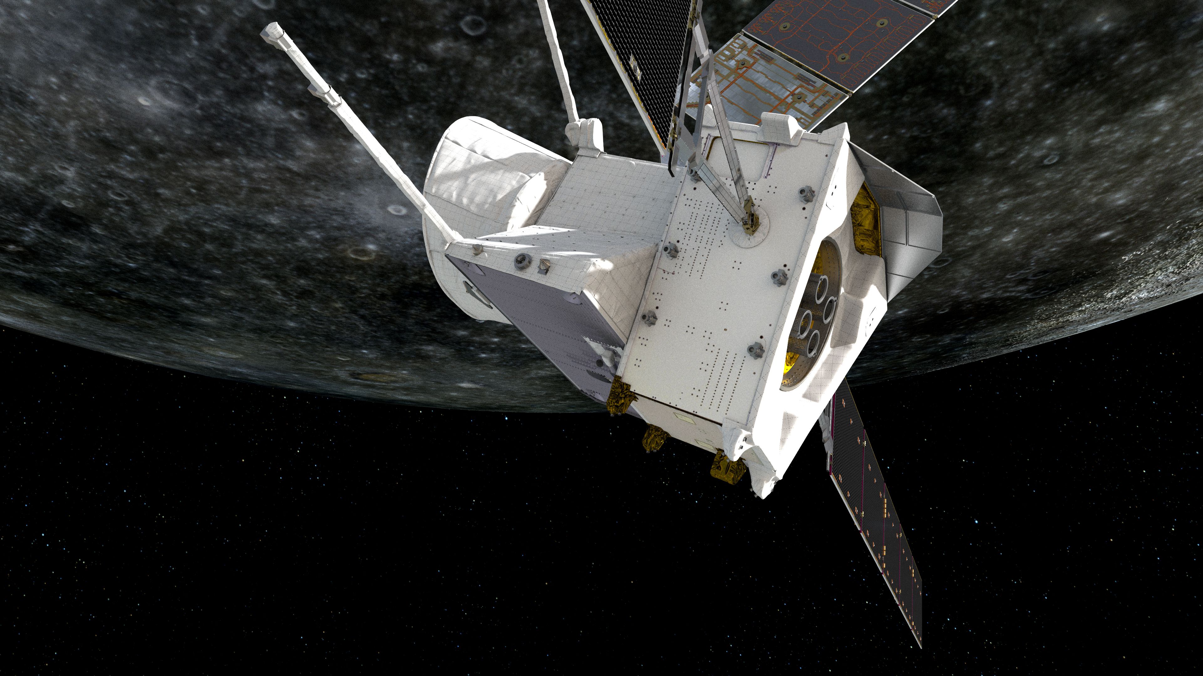 Impresión artística de BepiColombo volando por Mercury el 1 de octubre de 2021. Imagen: ESA.
