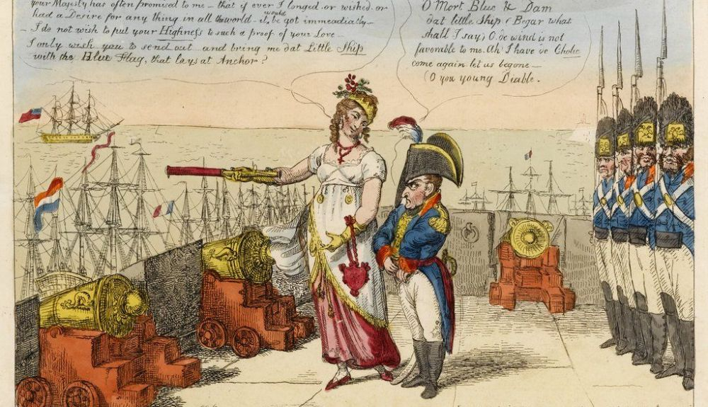 Isaac Cruikshank representó a un Napoleón malhumorado a la mitad de la altura de su esposa. Isaac Cruikshank representó a un Napoleón malhumorado a la mitad de la altura de su esposa.