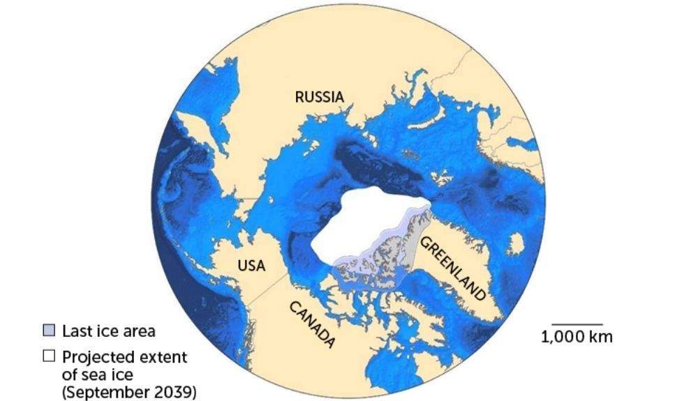 La Última Área de Hielo se extiende desde la costa norte de Groenlandia hasta la isla Banks de Canadá.