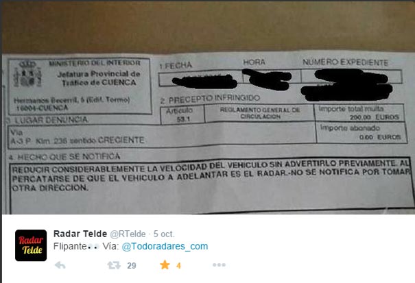 Tweet denunciando la multa por frenar brúscamente