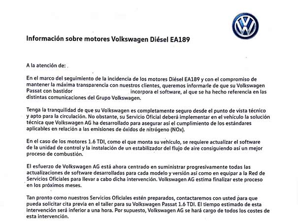 Carta de Volkswagen a un propietario